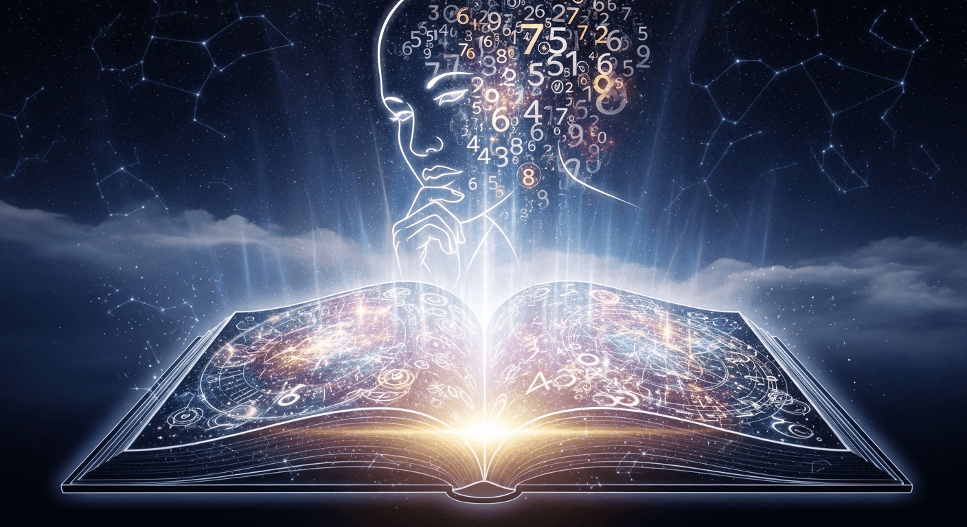 Glowing open book projecting a human head outline filled with floating numbers against a starry night sky.