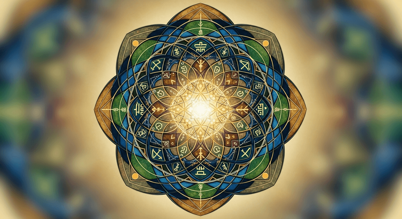 Intricate geometric mandala design featuring interlocking circles, runic-like symbols, and a bright glowing center in shades of blue, green, and gold.