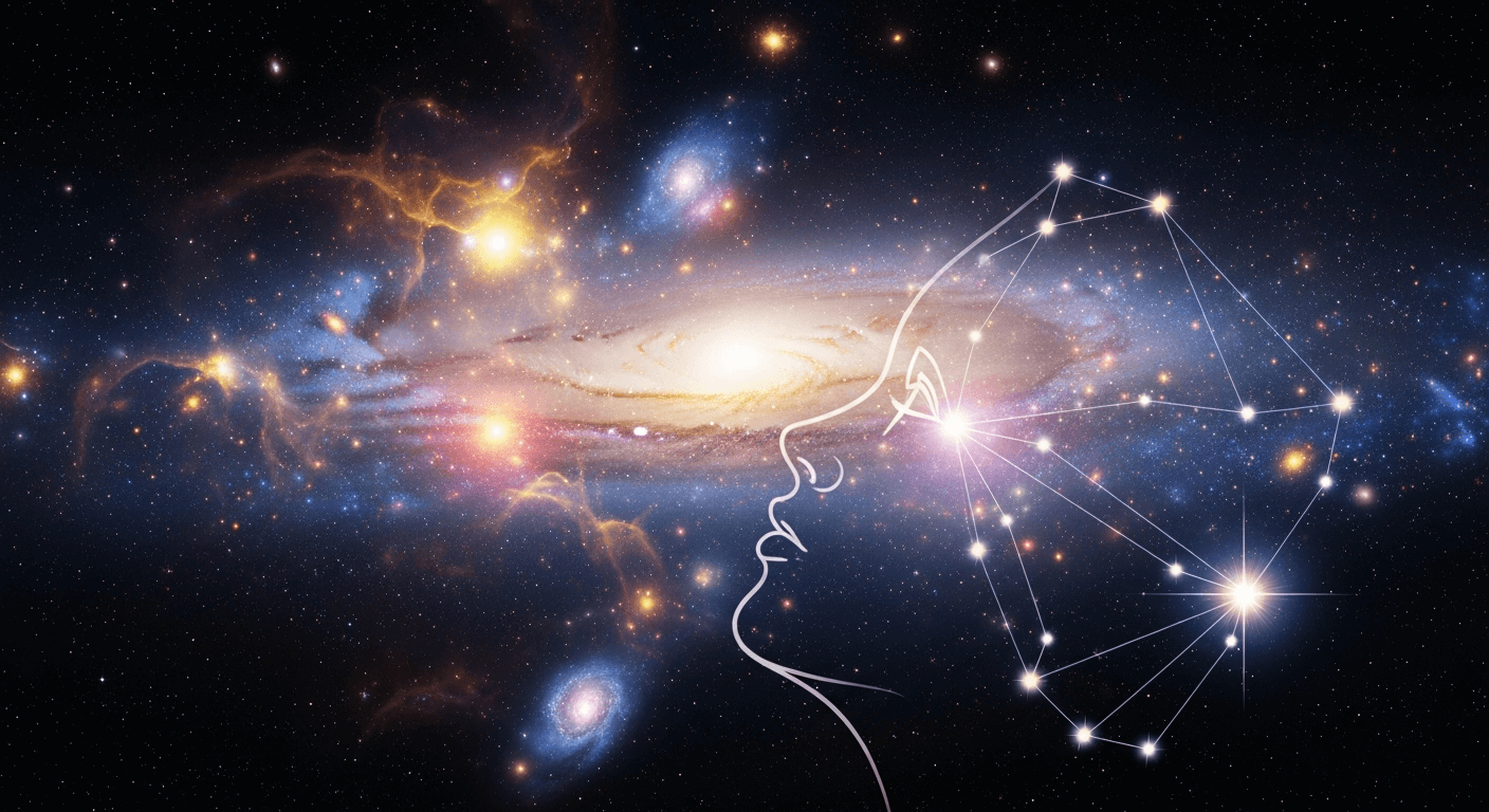 Outline of a human profile gazing into a vibrant spiral galaxy, with a geometric constellation of stars forming the mind.